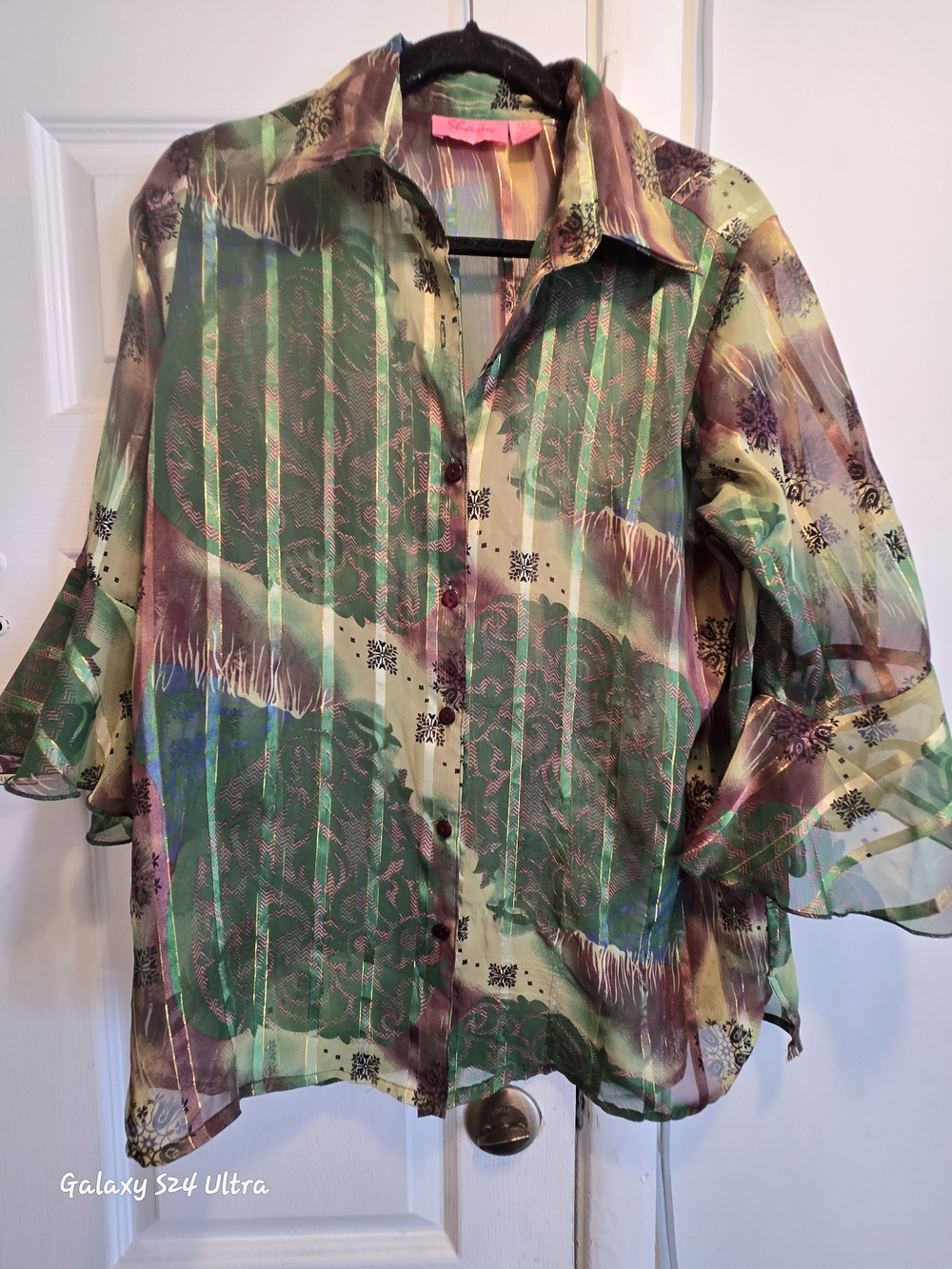 Women’s Lightweight Sheer Button-Up Shirt - Green Multi Size L